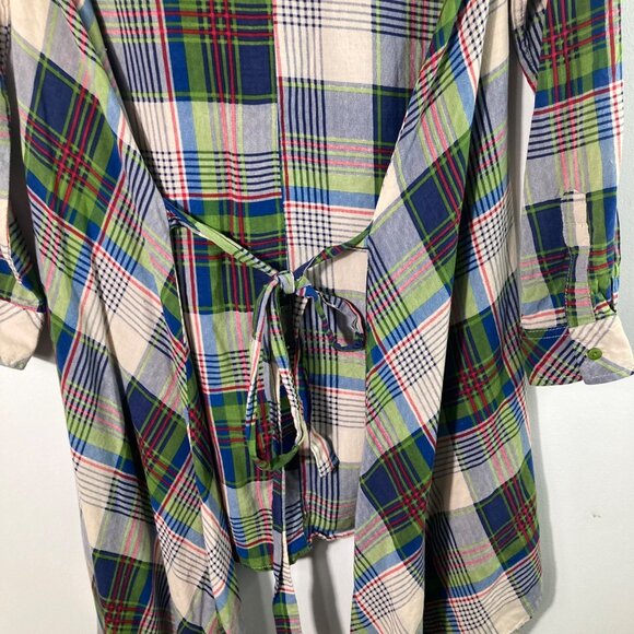 Womens Umgee Plaid Lagenlook Tunic Top Green Blue S Long Sleeve Tie Waist Asymme - Picture 6 of 9